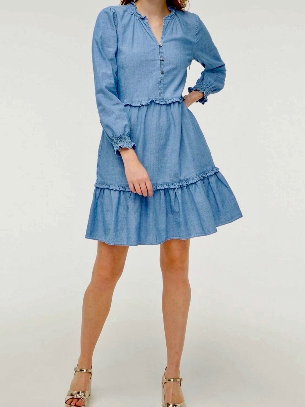 J Crew Ruffle Chambray Blue Denim Long Sleeve Pockets Cottage Peasant Dress (0)